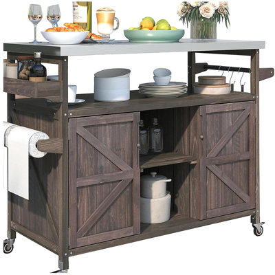 Outdoor kitchen island with rolling bar cart and storage cabinet, farm-style wooden outdoor barbecue table with stainless steel top, spice rack, kitchen and barbecue towel racks, natural