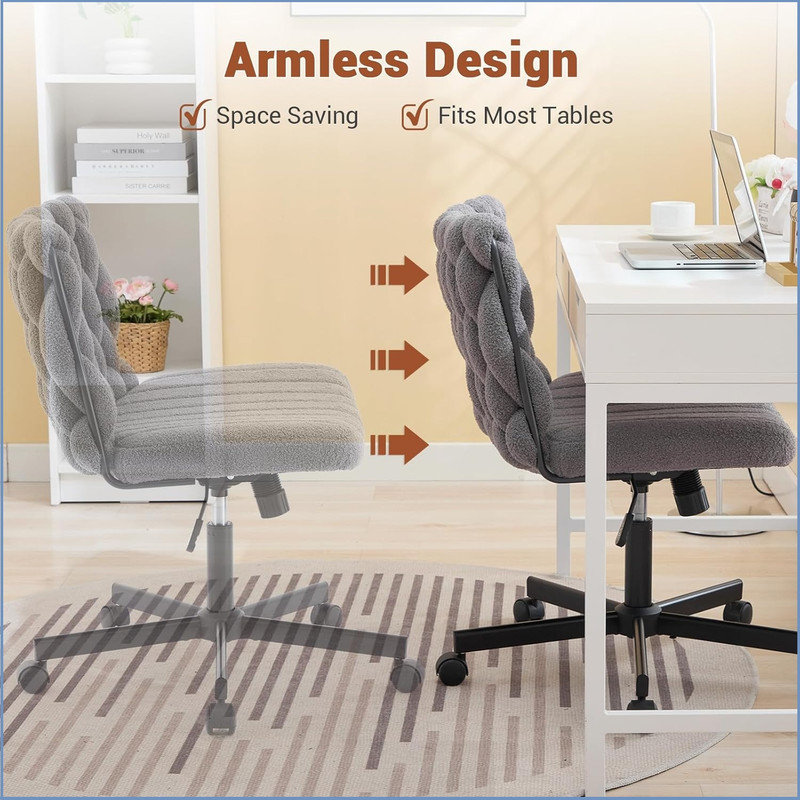 Office Chair with 5 Wheels, Adjustable Height & Armless Vanity Chair with 300 Lbs Capacity, Wide Criss-Cross Cute Fuzzy Desk Chair for Women/Men, Faux Fur Table Chair for Office