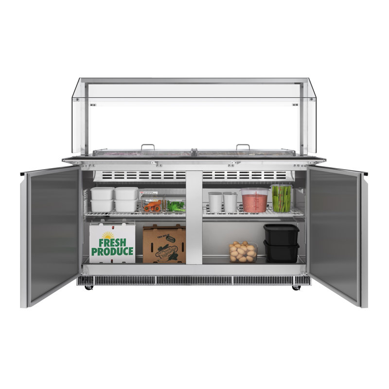 Station de préparation réfrigérée commerciale de 60 po avec pare-éternité et glissade de buffet, capacité de 12 plaques (non incluses) avec couvercles et deux tablettes réglables en acier inoxydable, homologuée ETL (km-rbt-60csfg)
