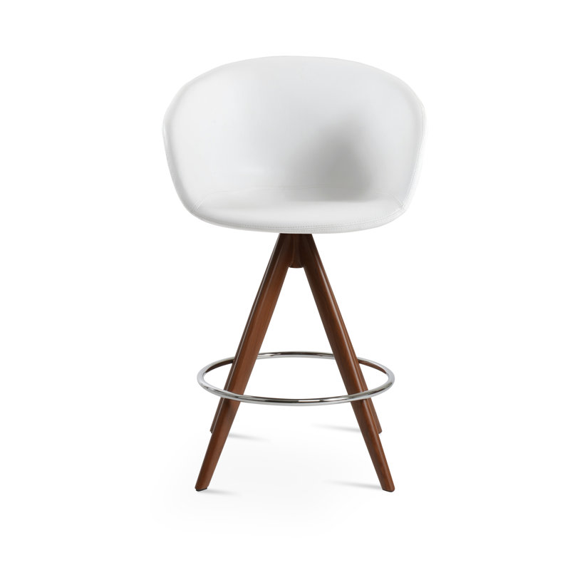 Tabouret de bar Tribeca Pyramid, Simili cuir blanc, Tabouret de comptoir (siège d'une hauteur de 27 p, Noyer