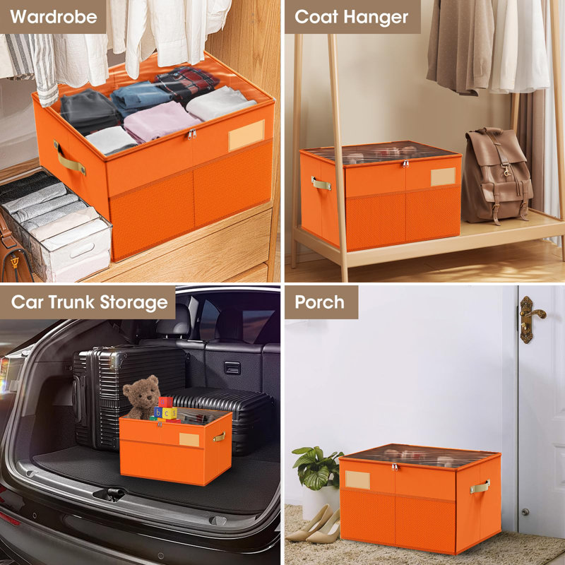Large Orange Shoe Organizer Box with Clear Cover and Adjustable Dividers