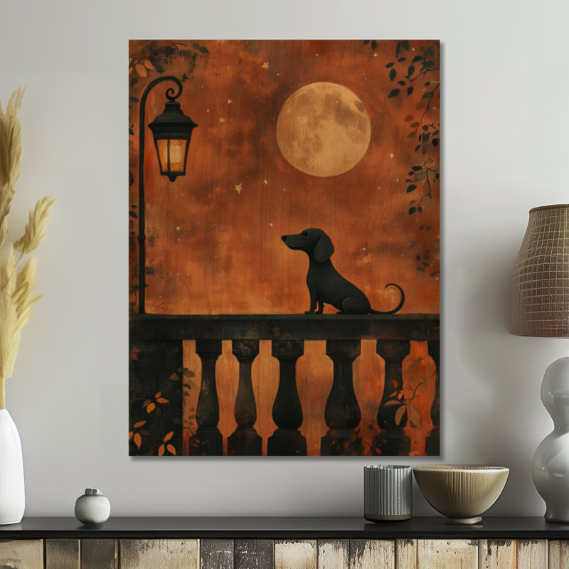 Balcon au clair de lune - Affiche murale en bois représentant un teckel, H 40 po x l 30 po, Rectangulaire