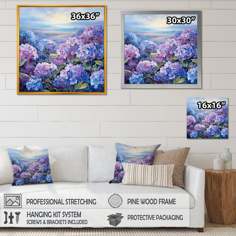 Fleurs d'hortensia mauve sur toile, Cadre simple noir, H 24 po x l 24 po x P 1 po
