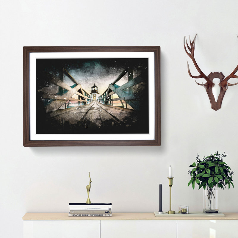 Lighthouse At The Piers End Paint Splash - Picture Frame Graphic Art, 33cm H x 45cm W x 2cm D, Walnut Framed