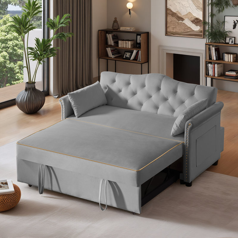 Latitude Run 57.5" Vincy Mid-Century Modern Velvet Sleeper Sofa Bed with Tufted Arched Backrest and Nailhead Trim Curled Armrests