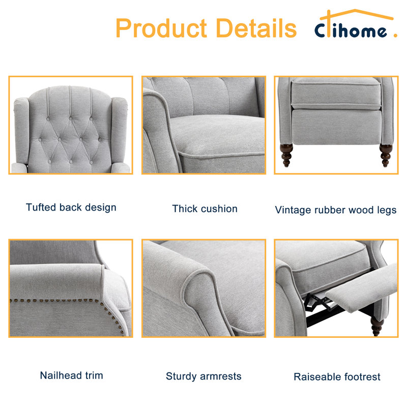 Gray Velvet Upholstered Recliner with Button Tufting