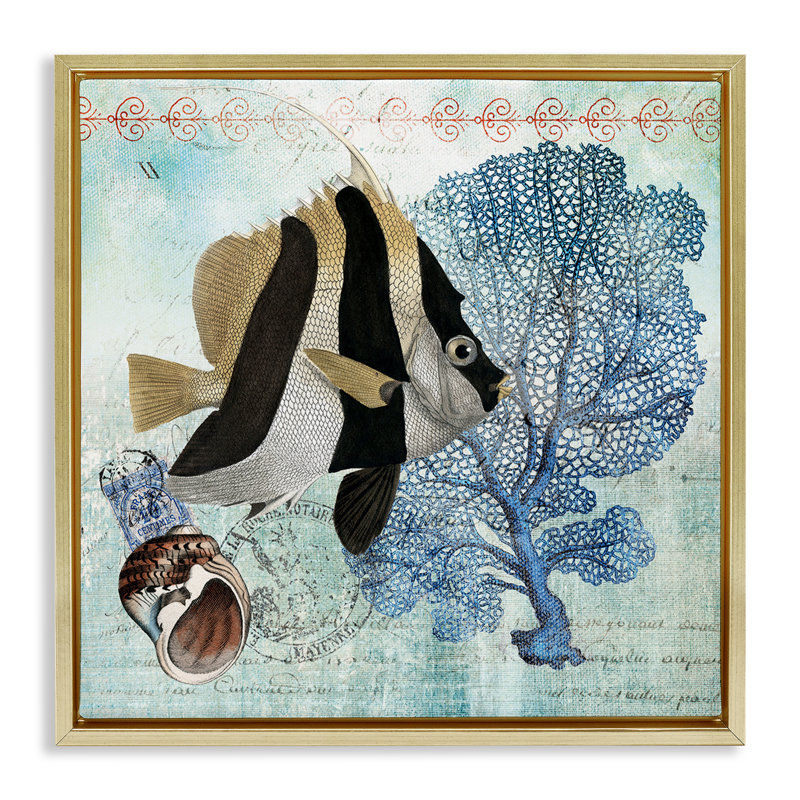 Collage de poissons tropicaux rétro, Cadre flottant métallique doré, H 18 po x l 18 po