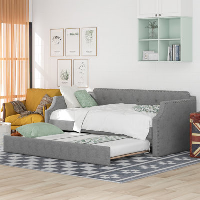 Herzberg Linen Upholstered Tufted Wooden Space Saver Daybed with Trundle