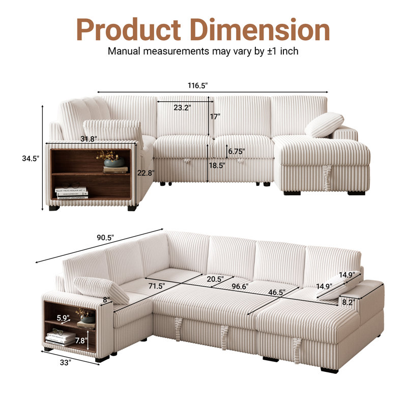 116" Corduroy Sectional Sofa Couch with Pull Out Twins Bed Sleeper Sofa and Chaise with storage, Beige Corduroy