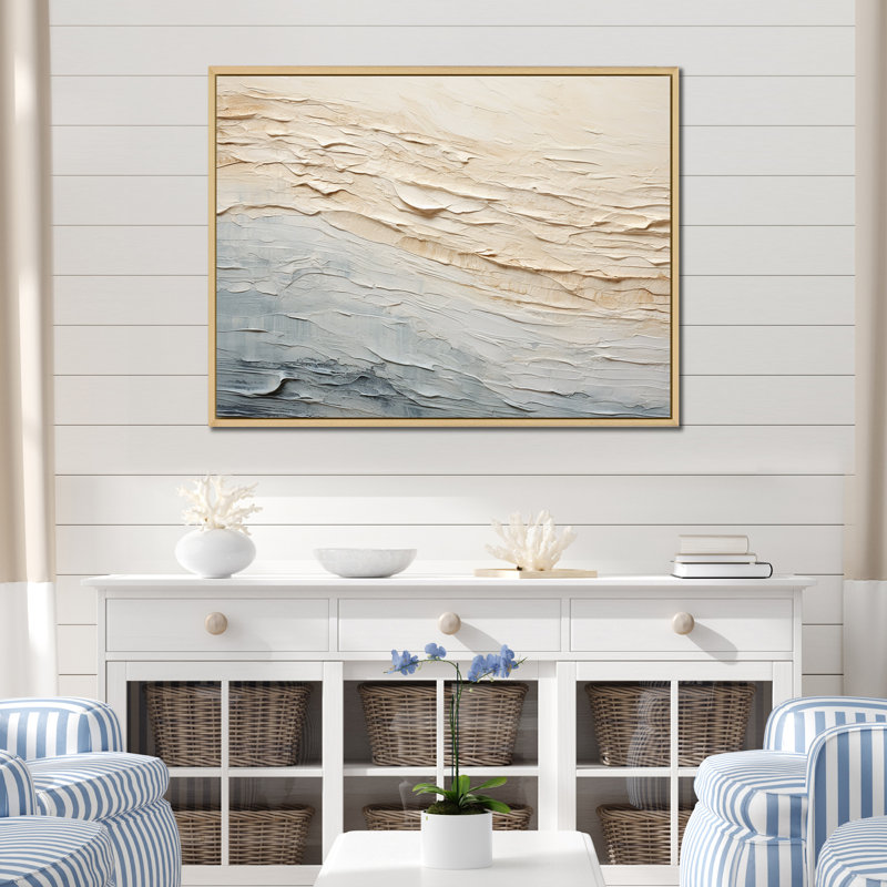 Décoration murale moderne bord de mer beige et gris I - Océan côtier, H 16 po x l 32 po x P 1 po, Cadre naturel flottant