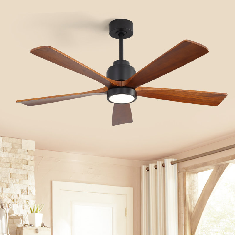 52" 5-Solid Blade Ceiling Fan Light With Remote Control And Silent Dc Motor, Black with Brown Blade