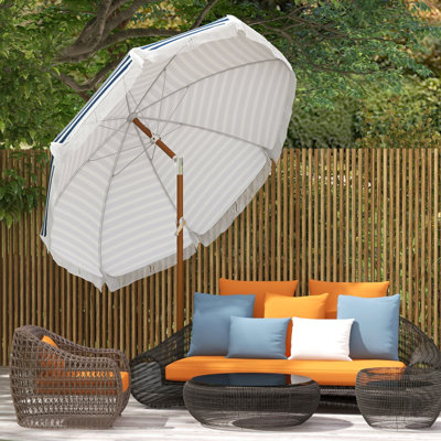 Parasol d'extérieur 7 x 7 pi avec inclinaison et ventilation - auvent rayé bleu avec détails à franges pour les parasols de parasol de patio 7 x