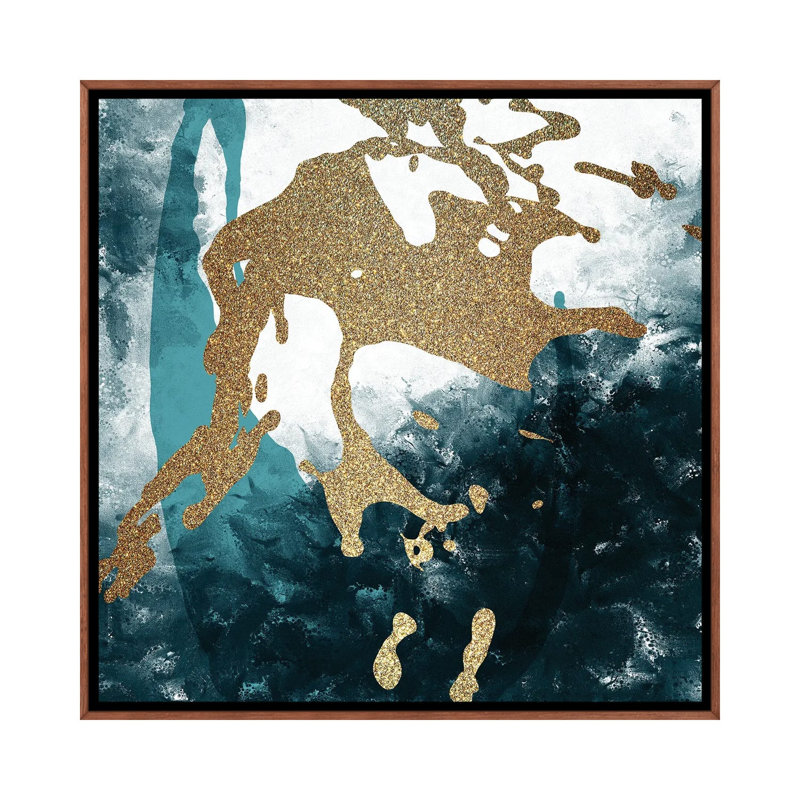 Teal Gold Splash II by Kimberly Allen - Painting on Canvas, Brown Floater Frame, 66.04 cm H x 66.04 cm W