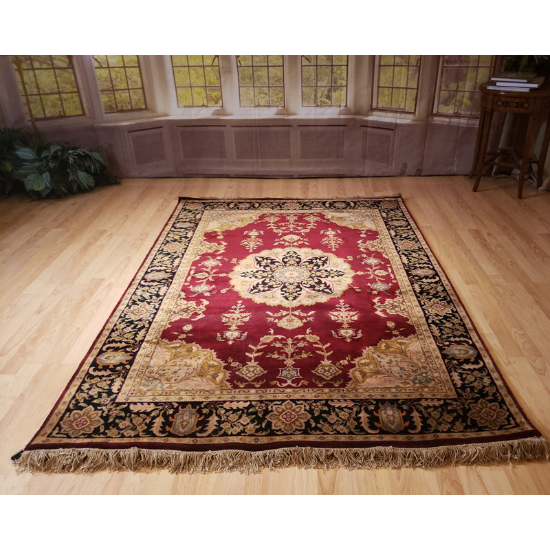 Tapis bourgogne / noir en laine noué à la main Ella-May Tabriz, Rectangle 5 pi x 7 pi