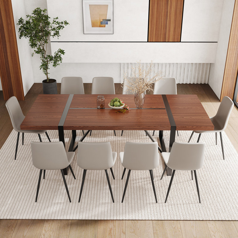 87" Wood Dining Table Set With PU Leather Upholstered Dining Chair, 11 Pieces: Table, 10 Chairs, Gray