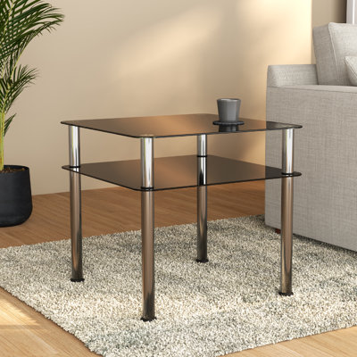 Byrge Black Glass And Polished Leg Side Table with Storage