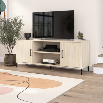 Sihi 58W TV Stand With Cubbies, Doors, Shelves, Entertainment Center, Storage, Natural Elm Finish, Living Room, TV Console