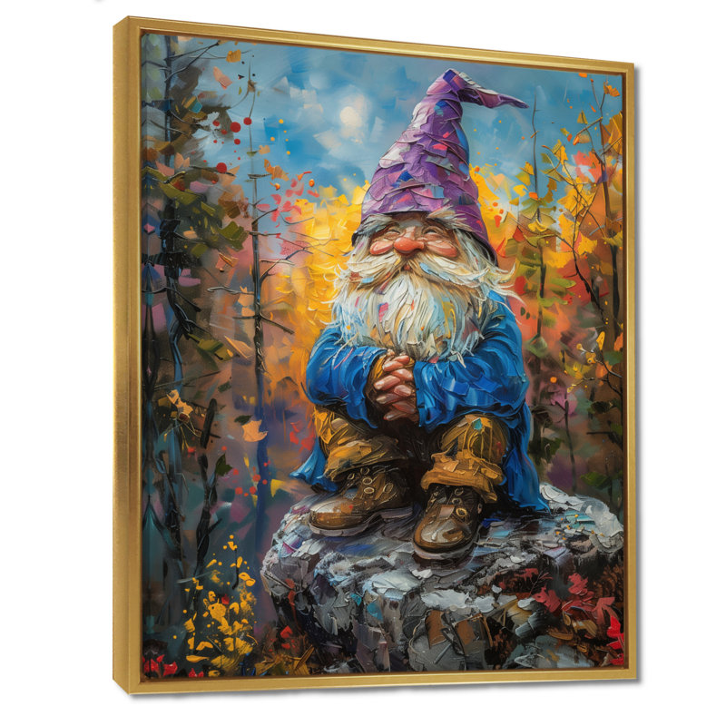 Gnome mauve, lueur scintillante - impression d'art mural gnome, Cadre flottant doré, bois massif, H 12 po x l 20 po