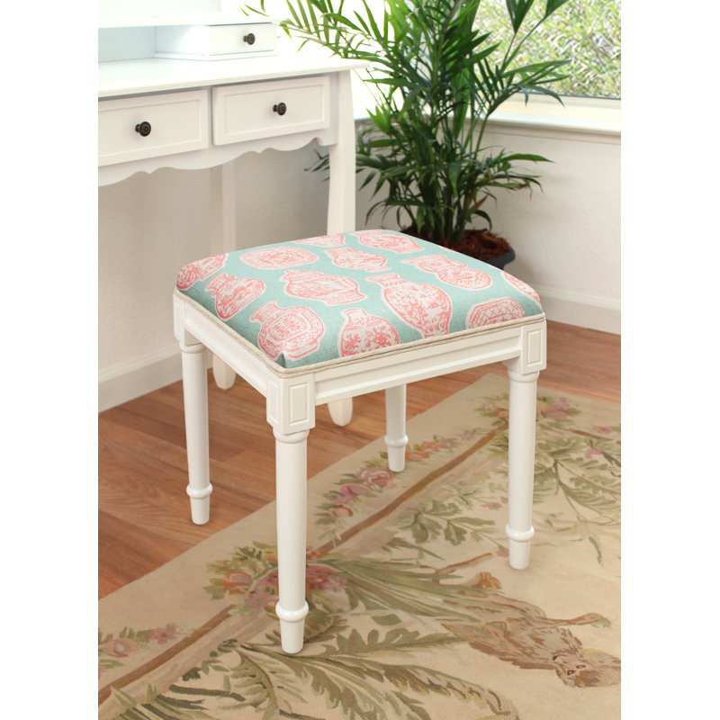 Tabouret de coiffeuse en lin bleu et jaune Jinger Jars, Blanc cassé, Rose / Aqua