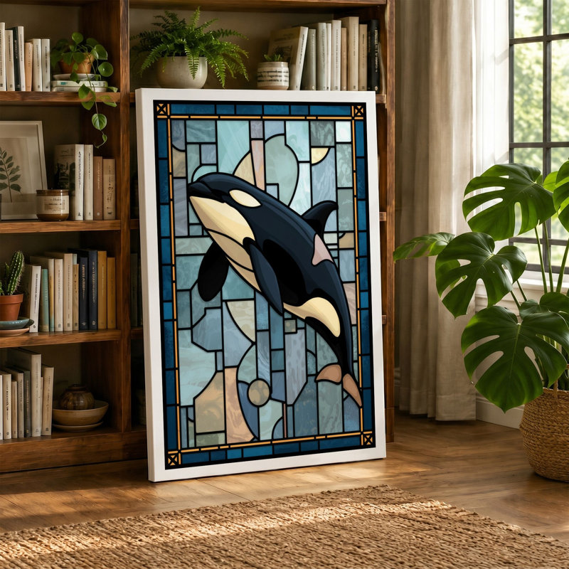 Stained Glass Orca Geometric - Wrapped Canvas, 36x24 - 91.4 x 61.0 cm, Black Border