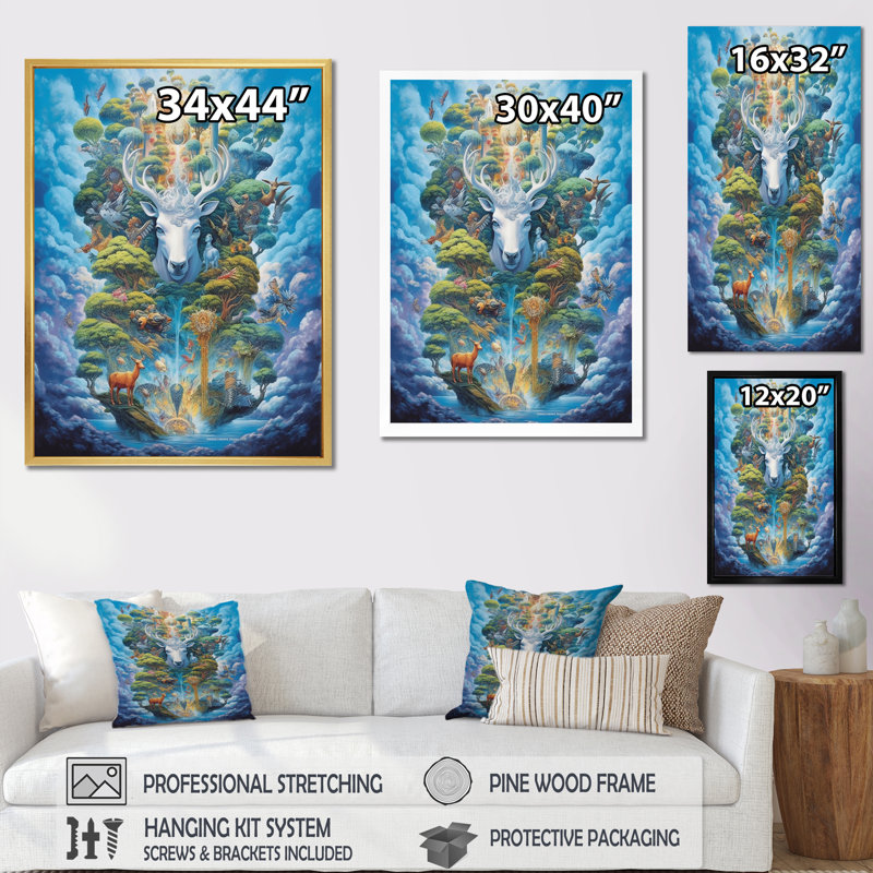«Majestic Deer In Magical Forest I», reproduction sur toile, H 32 po x l 24 po, Cadre flottant blanc