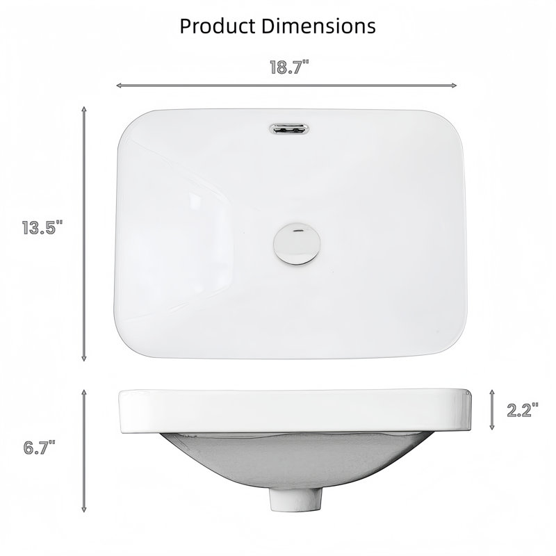 Lavabo encastré en céramique blanc brillant 17 po x 13 po, 3 trous, trop-plein, bords arrondis
