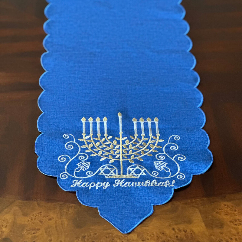 Blue Hanukkah Menorah Embroidered Table Runner