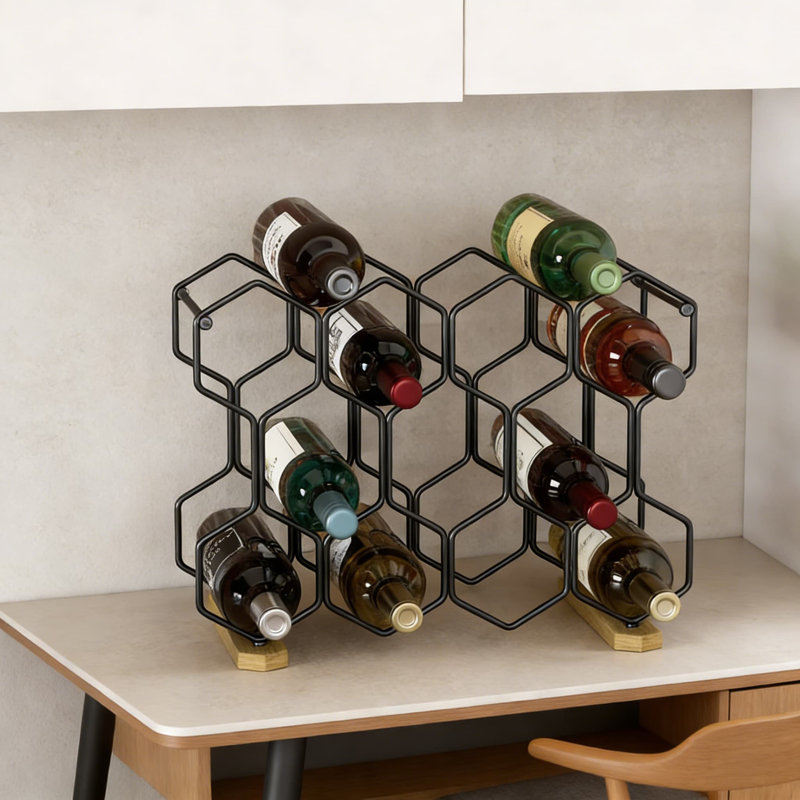 Support à vin de comptoir moderne pour 14 bouteilles, support autoportant en métal et en bois, rangement de table compact pour la cuisine, le bar ou l'armoire