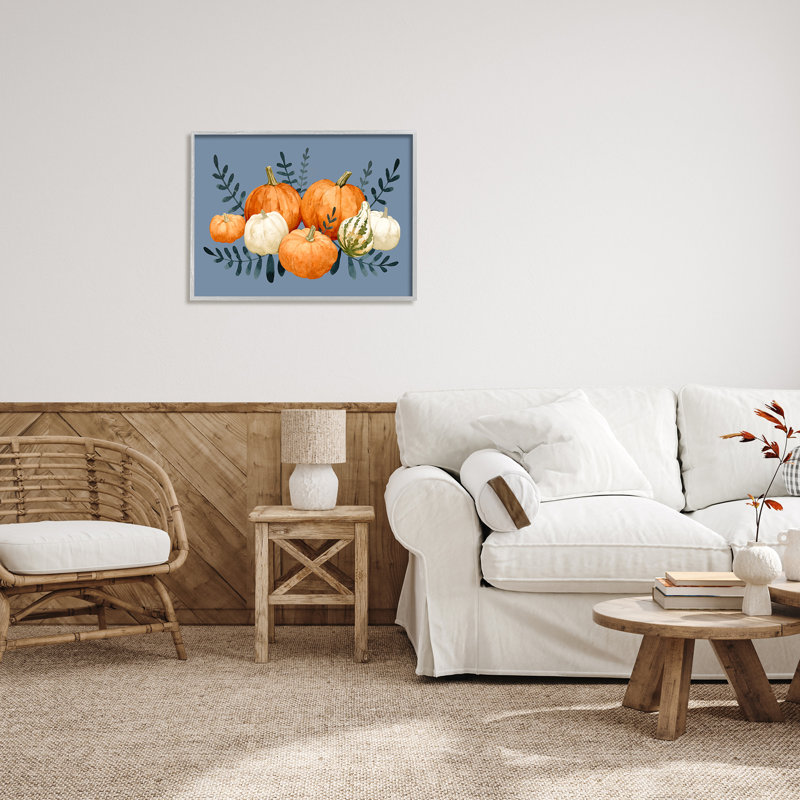 «Round Orange Pumpkins Autumn Harvest Plants Leaves Black», estampe numérique encadrée de Emma Caroline