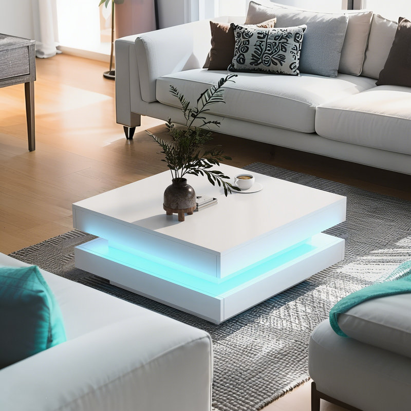 Table basse carrée à 2 niveaux avec 16 lumières DEL Minimalist, Blanc