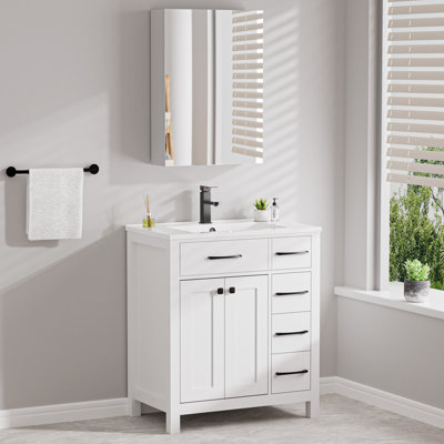 Meuble-lavabo de salle de bain autoportant 30 po avec comptoir d'évier, armoire de rangement à miroir murale 20 po, robinet et bonde