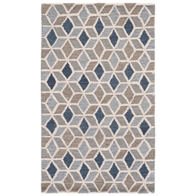 Tapis géométrique en laine / coton touffeté à la main ébène ivoire / bleu