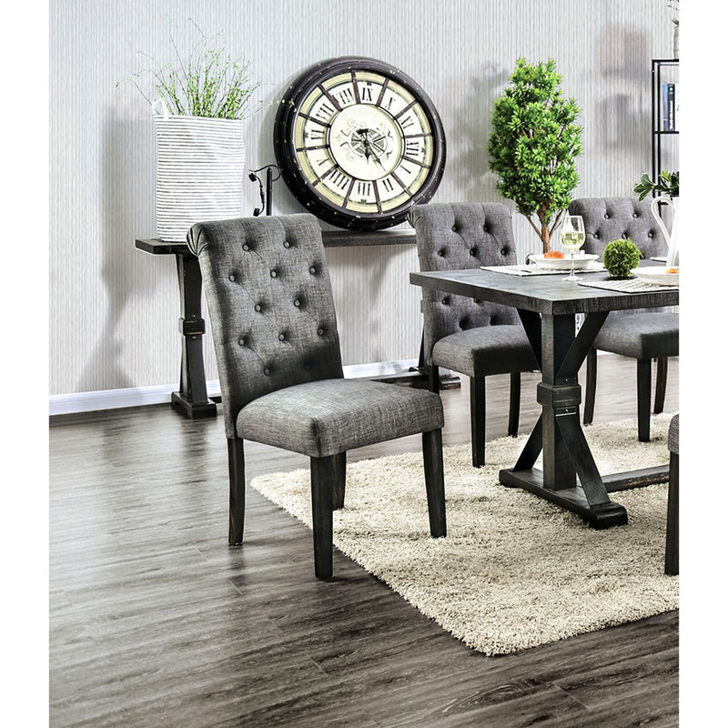 Chaises d'appoint de style rustique, tissu semblable au lin à boutons, bois massif, noir antique / gris pour la salle à manger noire / grise, décoration du dossier