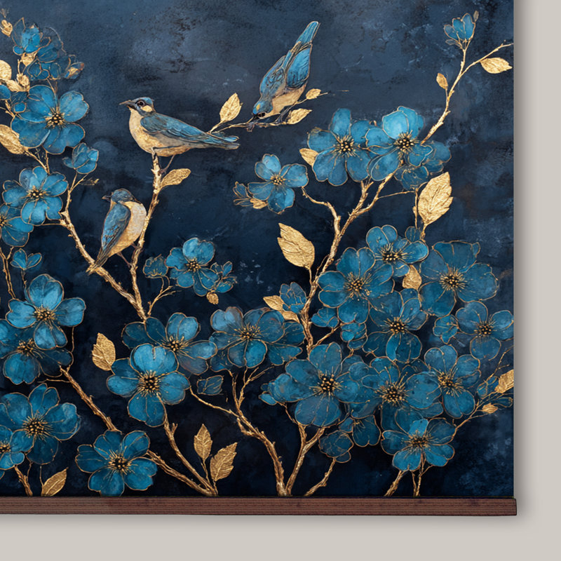Tapisserie murale «Blue Blossoms and Birds» avec barres en bois, H 40 po x l 60 po