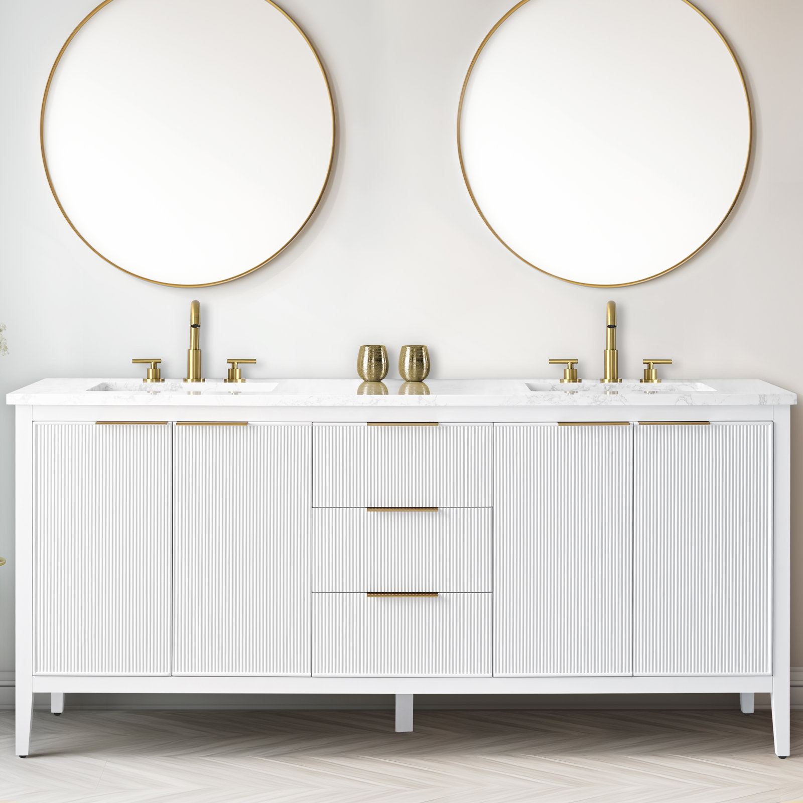 Bilroy 72" Pine Double Bathroom Vanity, White/Brushed Bronze