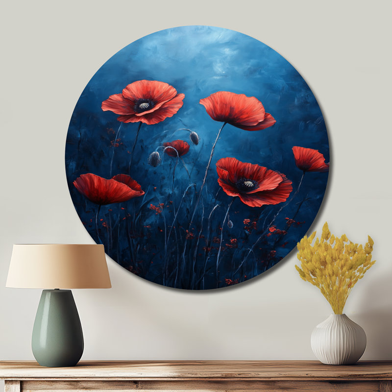 Red Meadow Poppies I - Art mural rond en métal à motif floral rouge, H 36 po x l 36 po