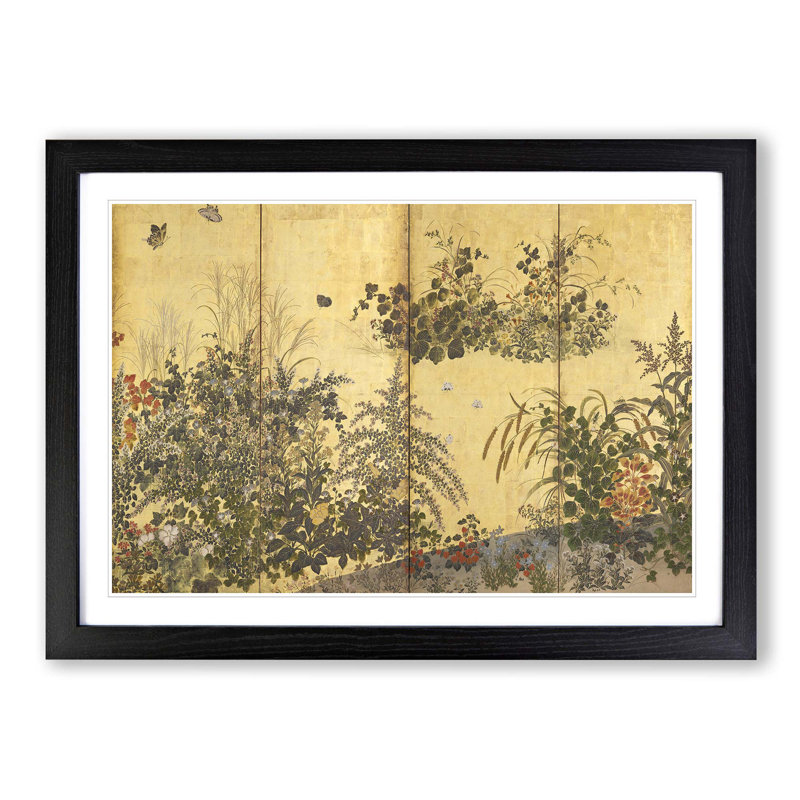 Butterflies & Flowers by Tawaraya Sotatsu - Picture Frame Art Print, Black Framed, 36cm H x 48cm W x 2cm D