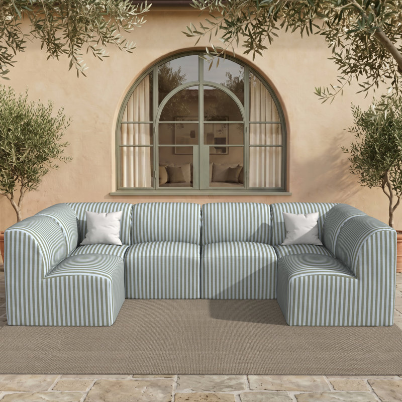 Praia 6-Piece Modular Upholstered U-Shaped Sectional Sofa Set with Sunbrella Cushions, Green Striped Sunbrella®