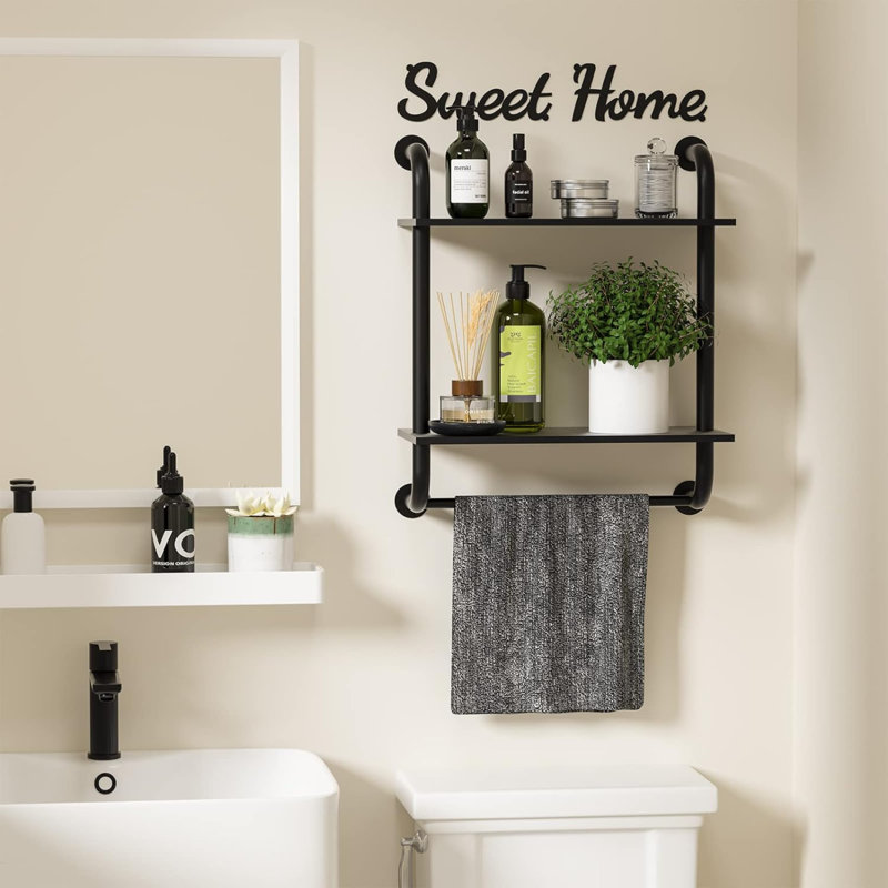 Bathroom Shelves Wall Mounted, Rustic Farmhouse Pipe Shelves, 2-Tier, Industrial Shelving, Floating Shelf Decor For Bathroom, Kitchen, Bedroom, Living Room 17.3 Inch