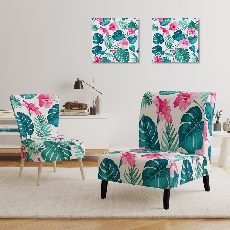 Accent Chair, Beige Floral Pattern Upholstered Decor - Beige Floral Pattern II, Pink/Blue