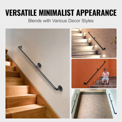 Pipe Stair Handrail 4ft Carbon Steel 2 Pieces Black Round Corner