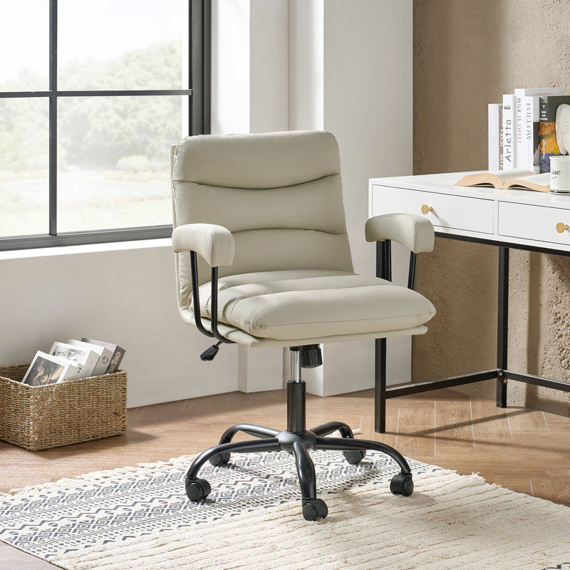 Kaynath Modern 25" W Faux Leather Office Chair with Lumbar Support, Ivory
