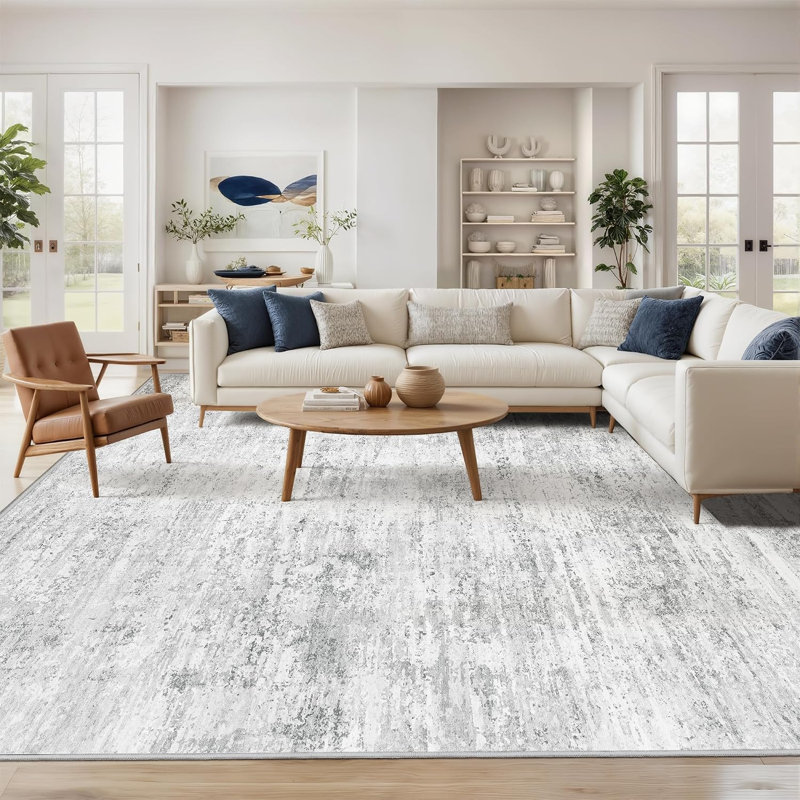 Tapis lavable 240 x 300 cm pour salon, grand tapis abstrait gris, tapis d'intérieur doux à poils courts pour chambre, salle à manger, bureau et décoration intérieure