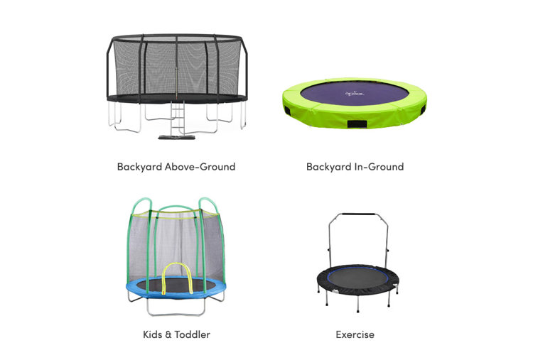 Collage of different types of trampolines, including backyard above-ground, in-ground, kid-friendly, and exercise.