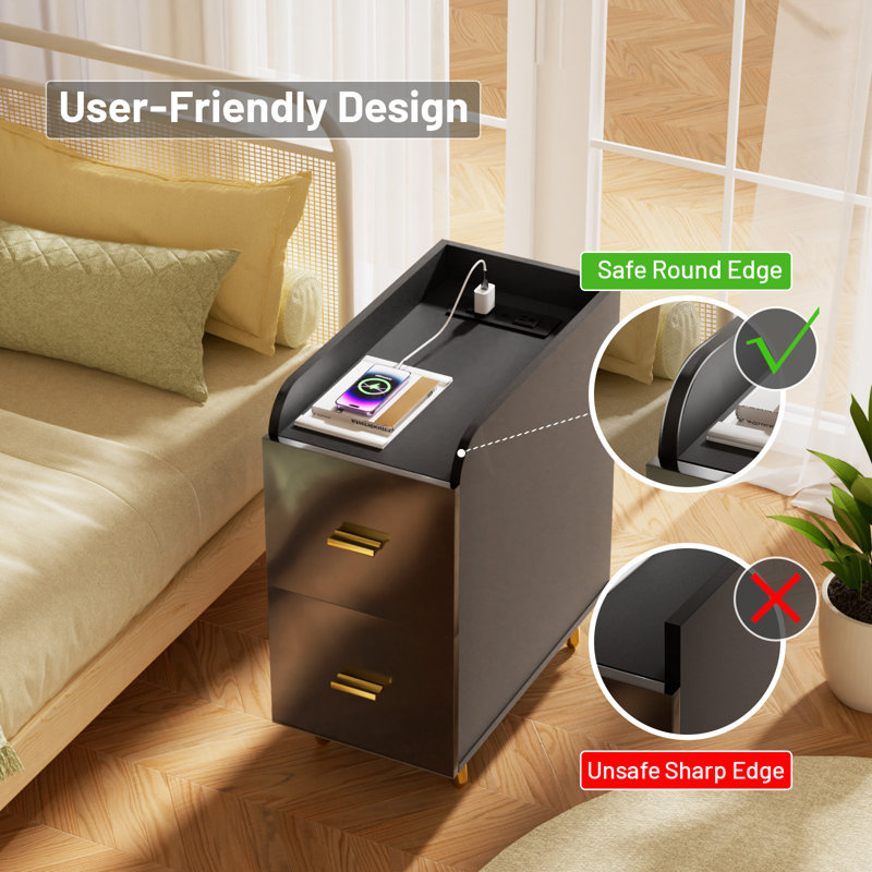 Wood Night Stand LED Light Charging Station Small Nightstand Dresser for Bedroom End Table Windford, Black