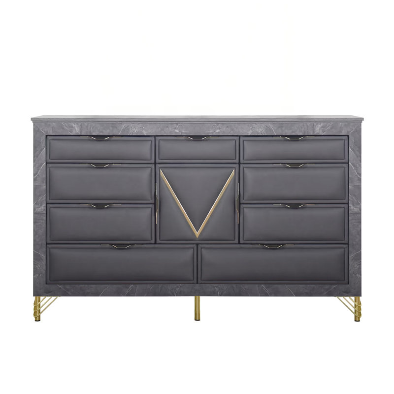 Commode large Semy, 10 tiroirs, 1 armoire, bois gris anthracite, or