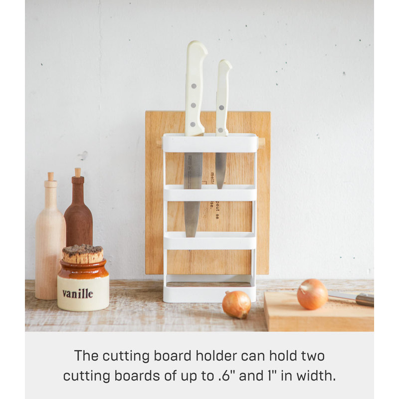 White Steel and Wood Countertop Knife and Cutting Board Organizer