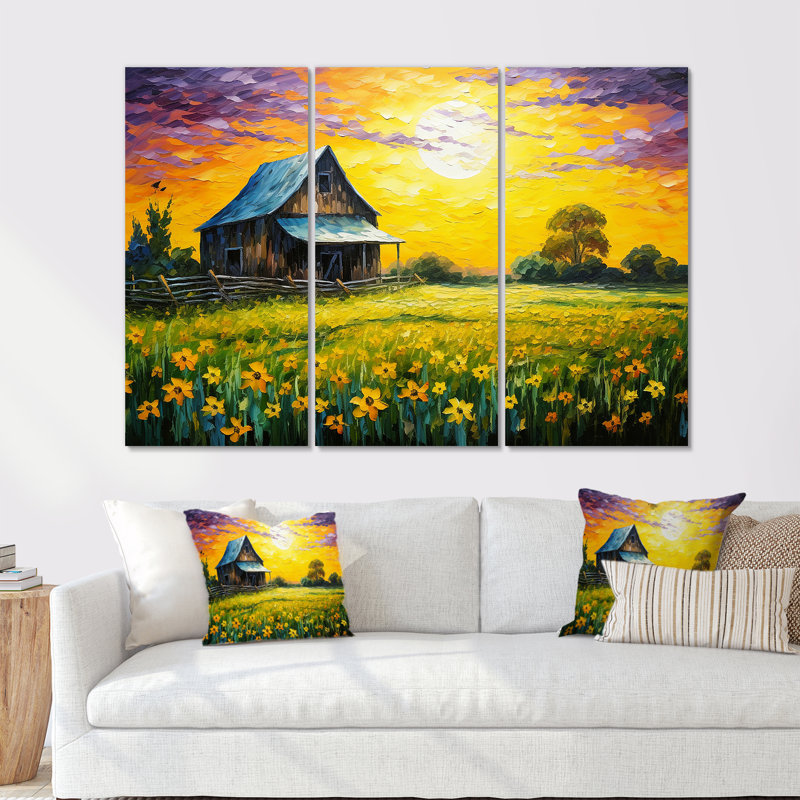 «Cottage in Yellow Flower Field Sunset» - ensemble d'art mural de ferme, Toile tendue, H 40 po x l 60 po x P 1 po
