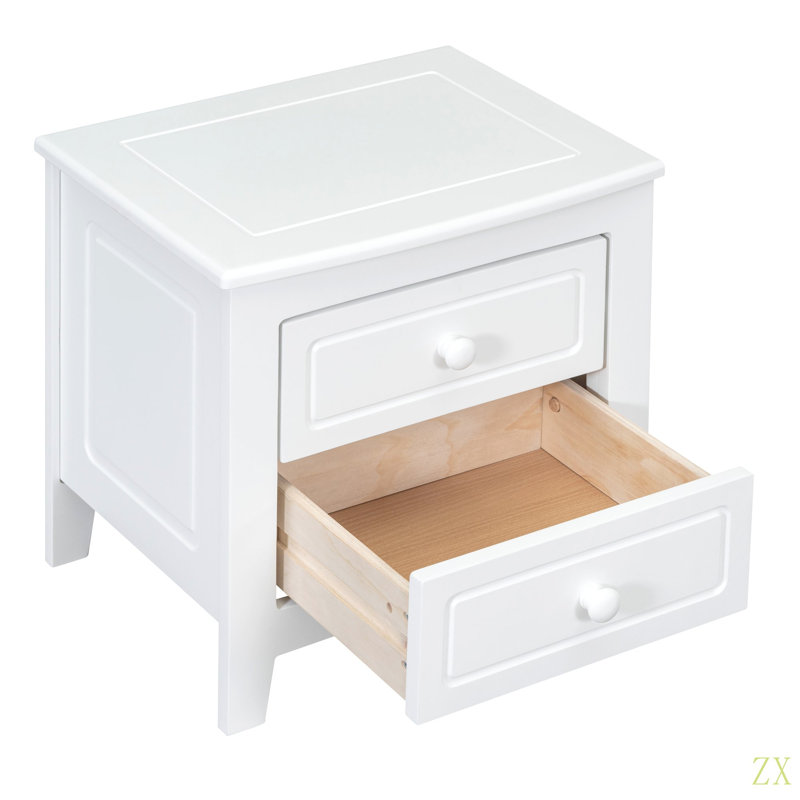 Table de chevet à 2 tiroirs pour chambre à coucher, table de chevet rétro Mid-Century avec design classique, Blanc