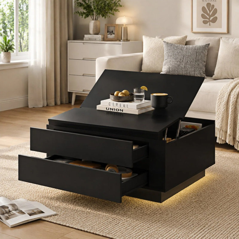 Pedestal Coffee Table with Storage, Black